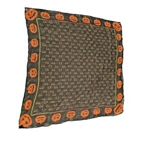 Halloween Scarf Square  Jack O Lantern Black Orange 41” Pumpkins Polyester